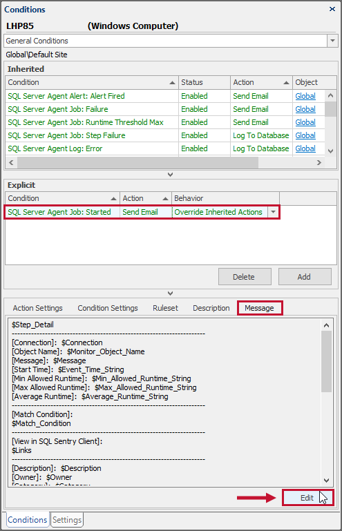 SQL Sentry Message Editing