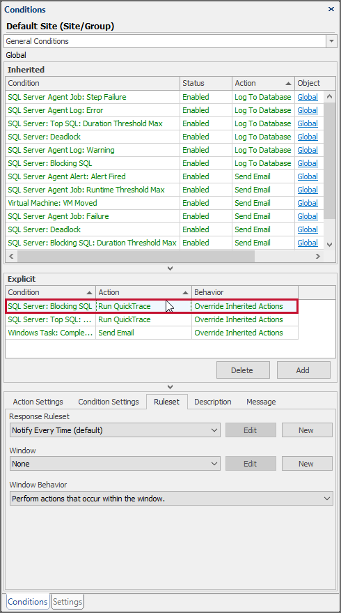 SQL Sentry Conditions pane Ruleset tab Version 2021.18 Conditions pane Ruleset tab