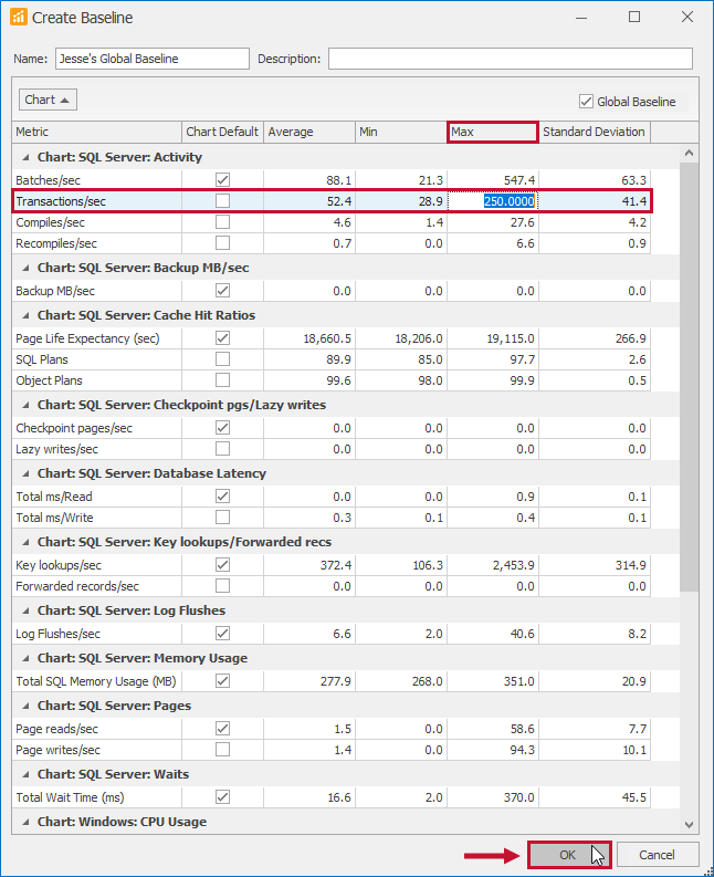 SQL Sentry Create Baseline changing a metric Version 2021.12 Create Baseline changing a metric