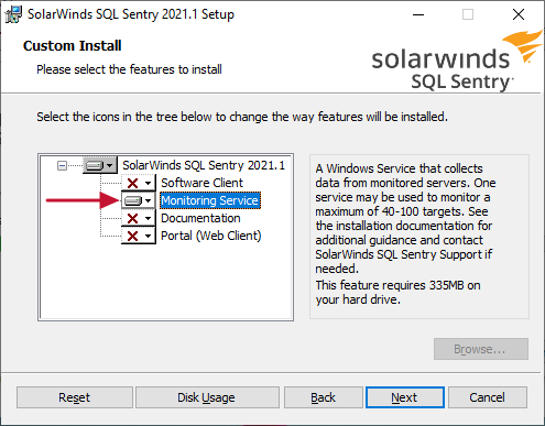 SentryOne Custom Setup Install Monitoring Service Only