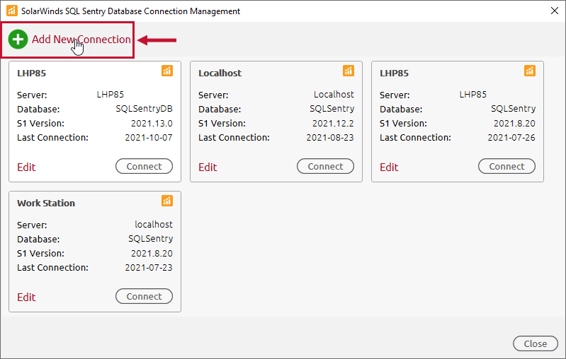 SQL Sentry Database Connection Management Add New Connection Version 2021.12 SQL Sentry Database Connection Management Add New Connection