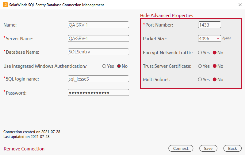 SQL Sentry Database Connection Management Advanced Properties