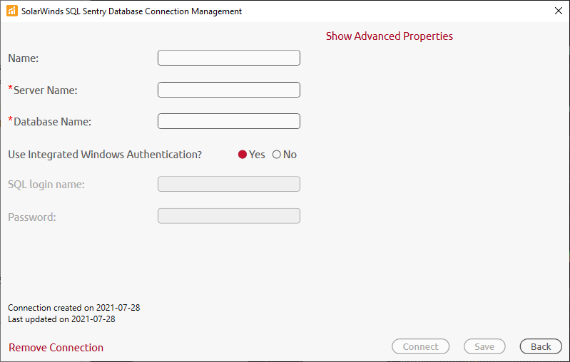 SQL Sentry Database Connection Management window New Connection Version 2021.12 SQL Sentry Database Connection Management window New Connection