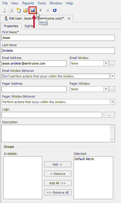 SQL Sentry Edit User window select Save Version 2021.12 SQL Sentry Edit User window select Save