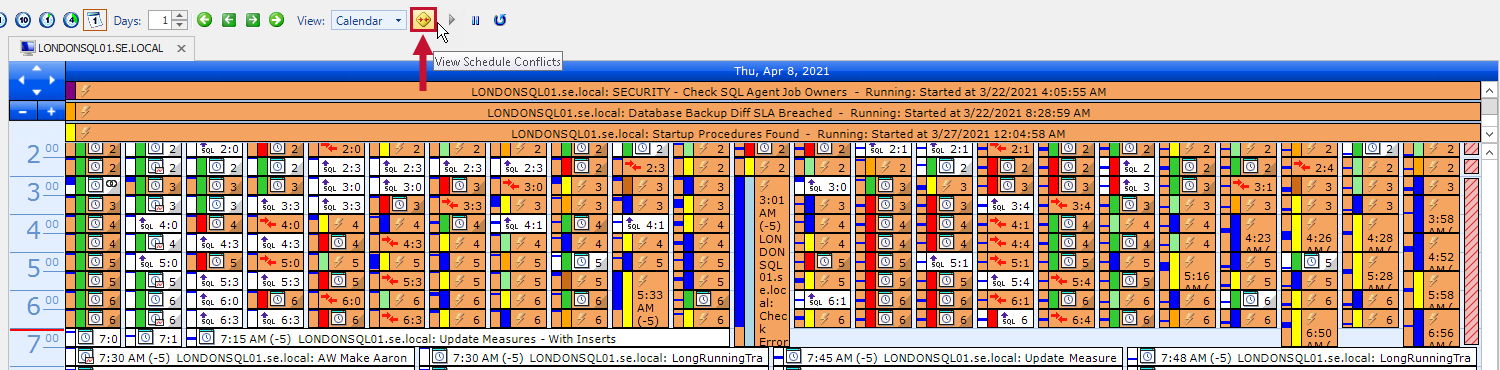 SQL Sentry Event Calendar select the Conflict Viewer button  Version 2021.18 Event Calendar in the Calendar view with the Conflict Viewer button selected and highlighted.