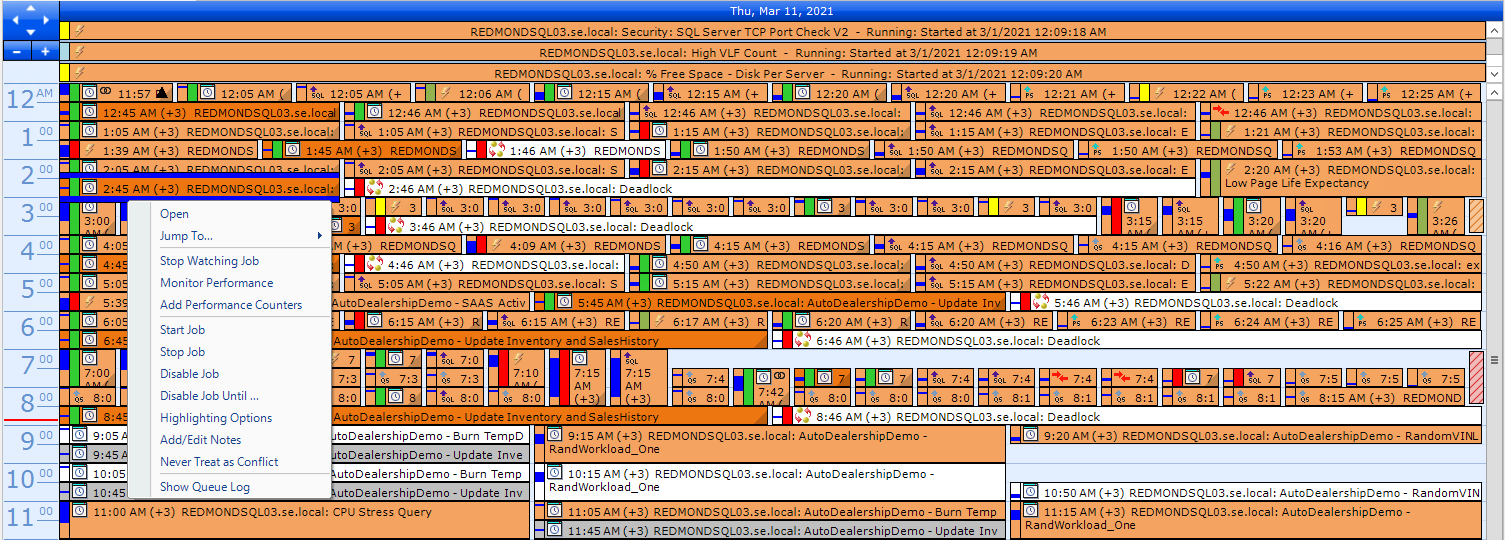 SQL Sentry Calendar Context Menu Version 2021.18 Event Calendar displaying multiple events with the context menu options available to select.