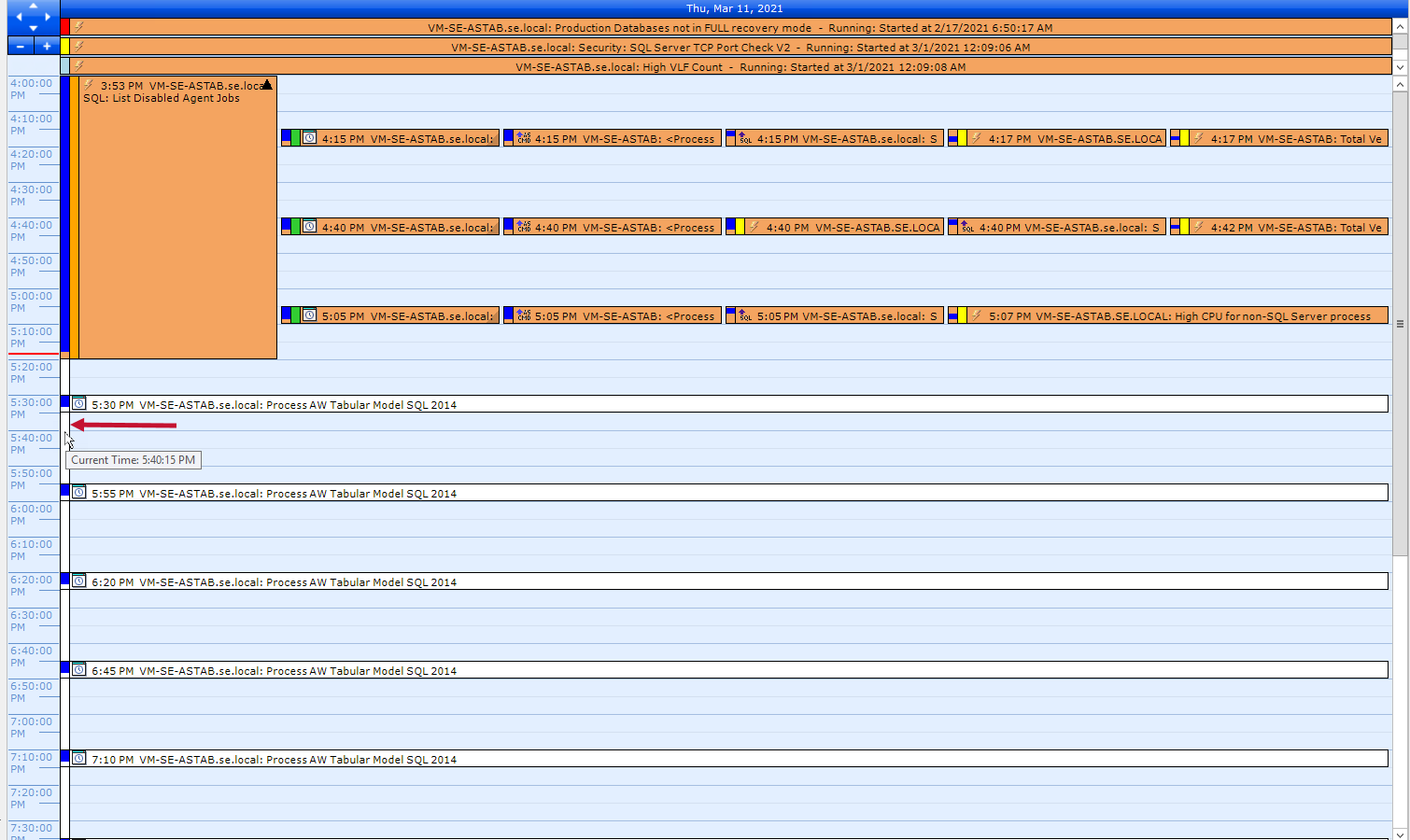 SQL Sentry Current Time Column Version 2021.18 Event Calendar Current Time bar to the left of the screen that displays the current time as you hover over it.