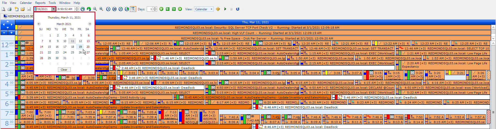 SQL Sentry Date Bar Version 2021.18 Event Calendar highlighting the date bar allowing you to select a specific month and day.