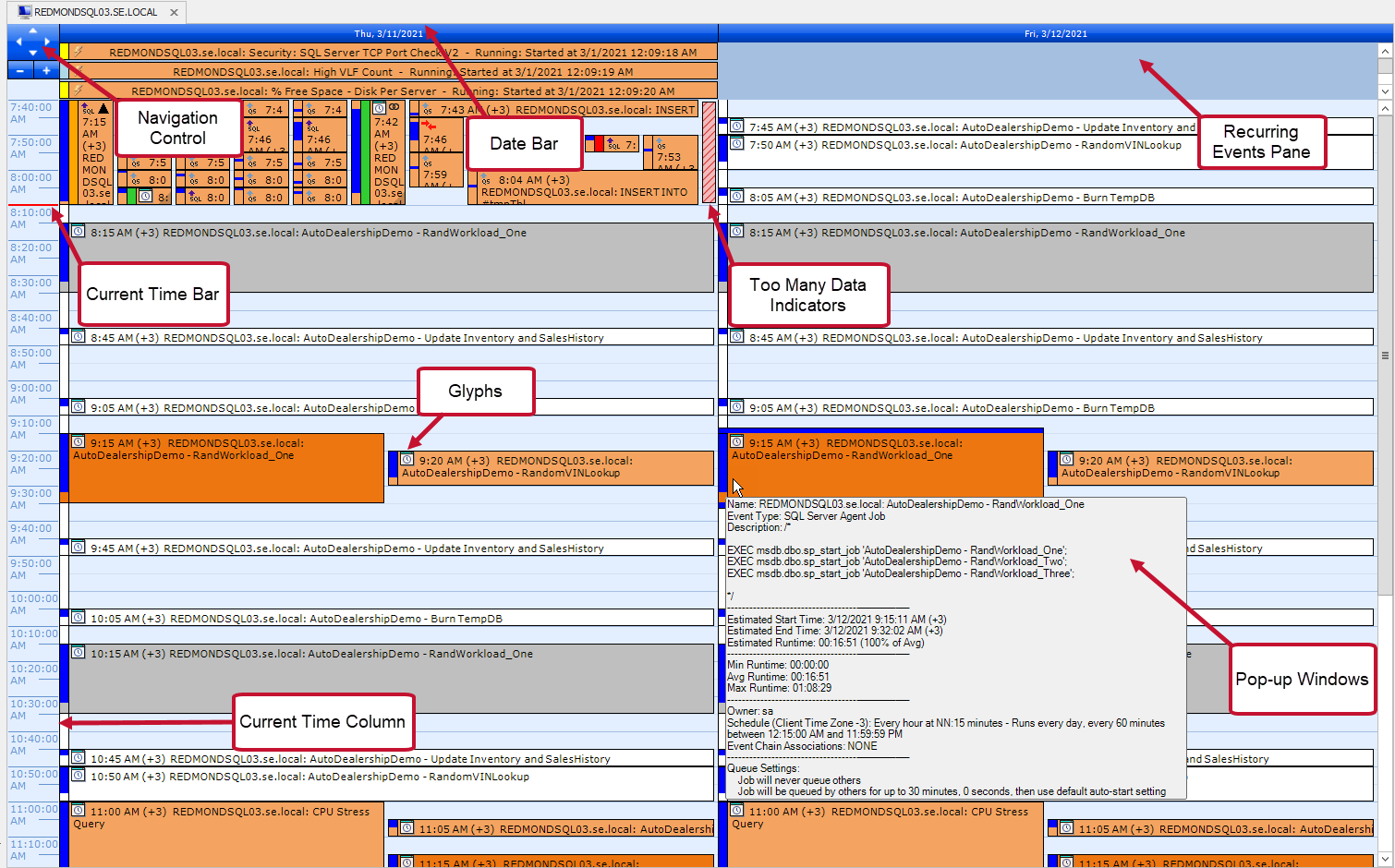 SQL Sentry Calendar View Version 2021.18 SQL Sentry Event Calendar diagram highlighting features of the Event Calendar.