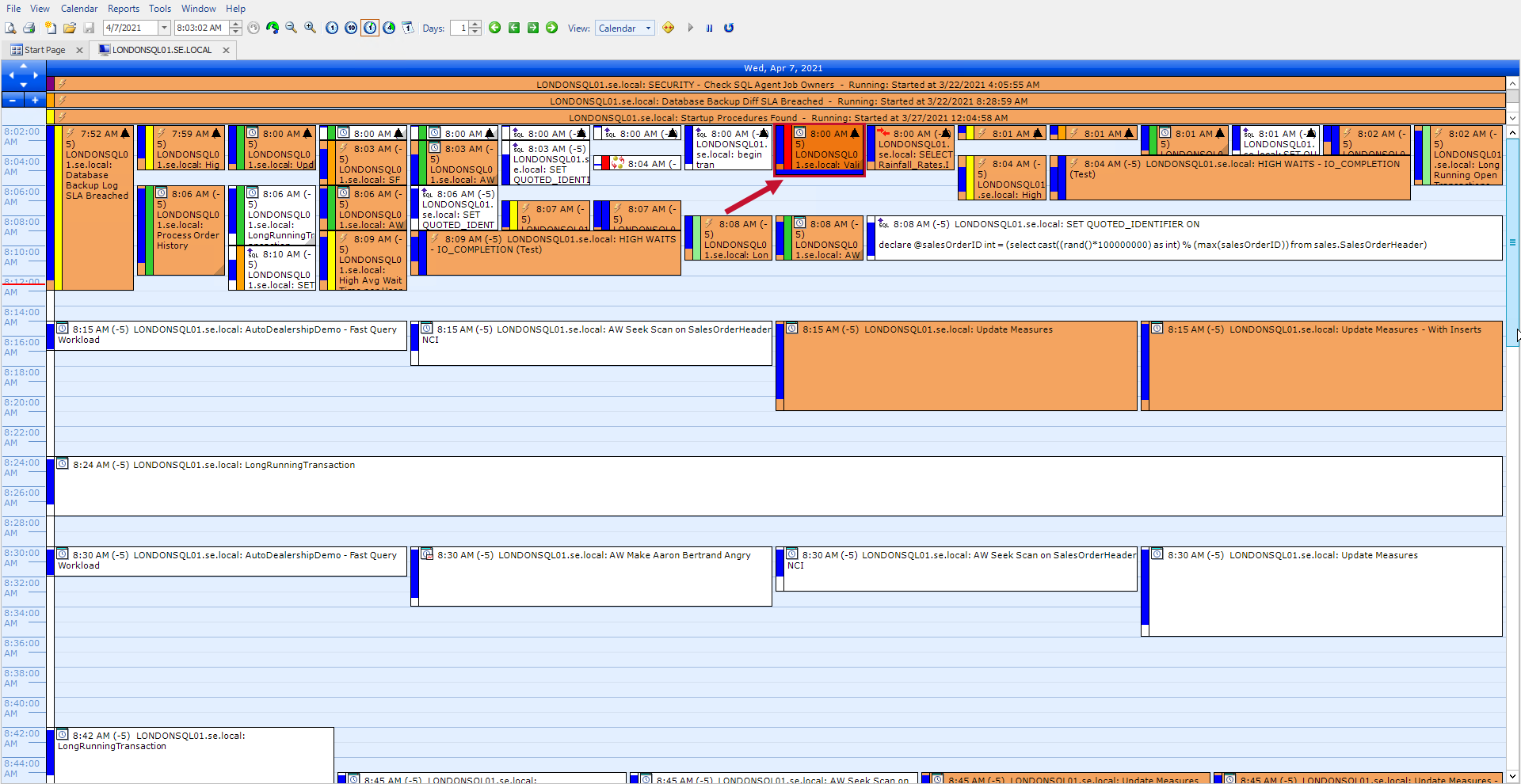 SQL Sentry Event Calendar in History view with a Failed Job highlighted.
