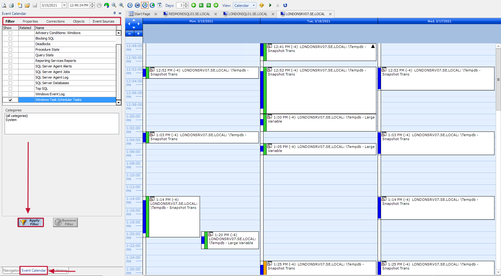 Filtered event view in SQL Sentry Event calendar filter showing only Windows Task Scheduler Tasks across 3 days