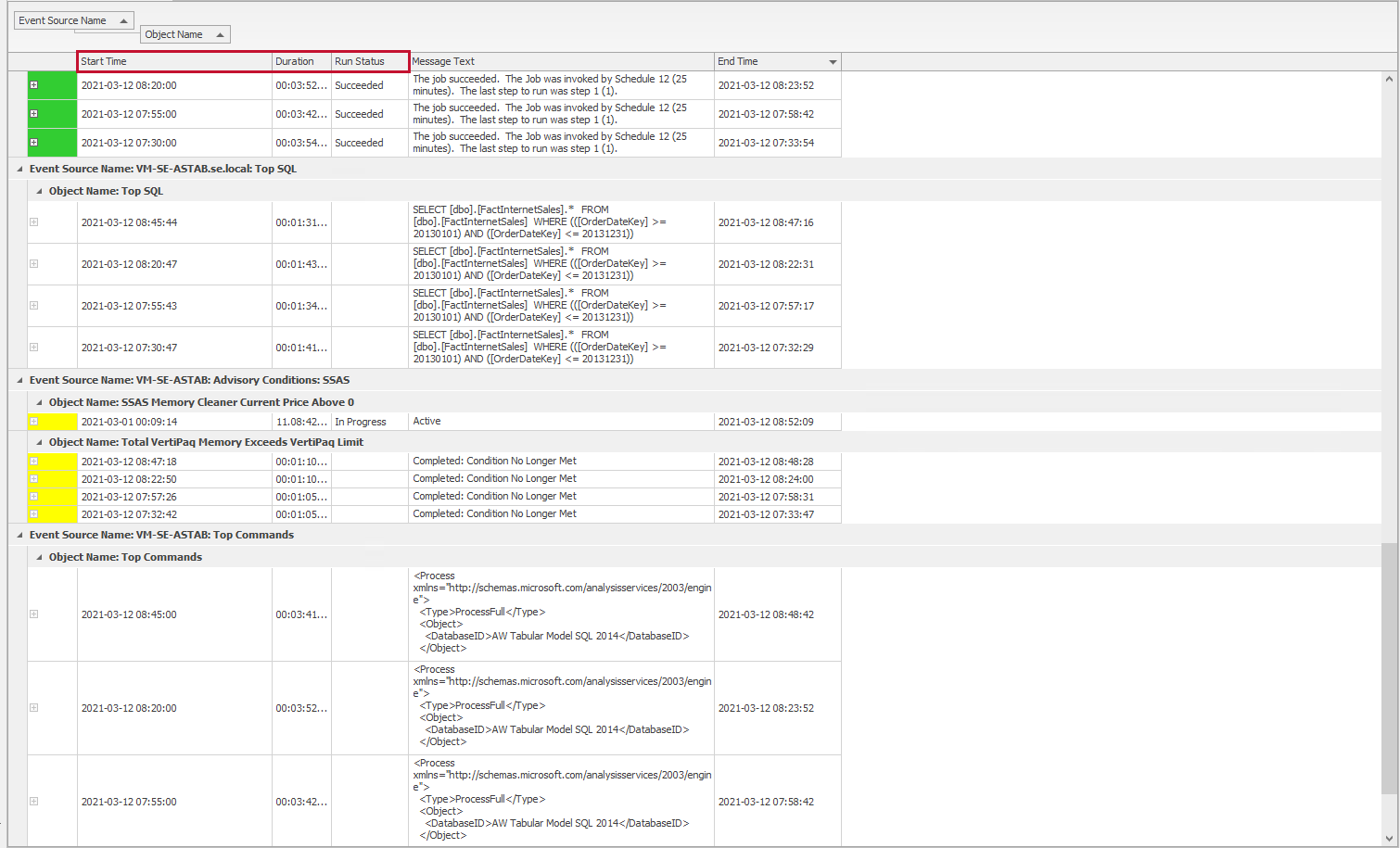 SQL Sentry Group and Sort Version 2021.18 Event Calendar in the list view highlighting the Start Time, Duration, and Run Status columns that can be used to group data.