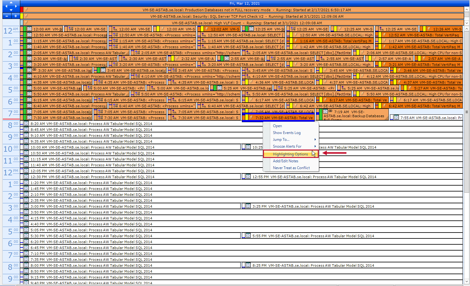 SQL Sentry Event Calendar Highlighting Options context menu Version 2021.18 Event Calendar with highlighted event instance and the context menu open. The Highlighting Options selection is highlighted.