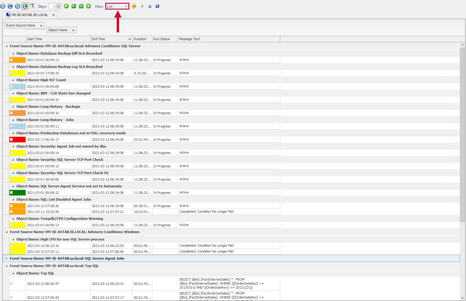 SQL Sentry List View Version 2021.18 Event Calendar displayed in the list view, with events in a list organized by Event Source Name.