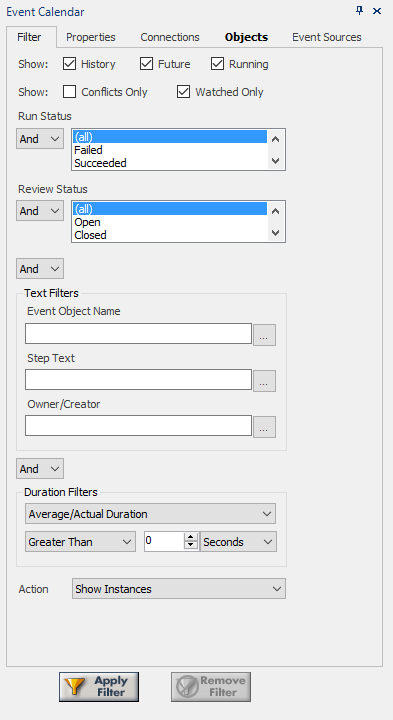 SQL Sentry Event Calendar Filter tab displaying varying filter options.
