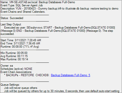 SQL Sentry Pop Up Windows Version 2021.18 Event Calendar Pop-up Window that displays when you select an event. The window displays data like status and run times.