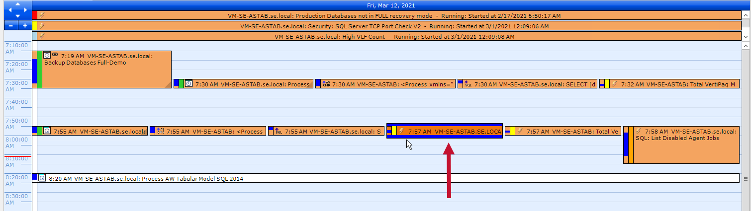 SQL Sentry Select Event Instance On Event Calendar Version 2021.18 Event Calendar displaying a selected event instance further indicated by a red arrow.
