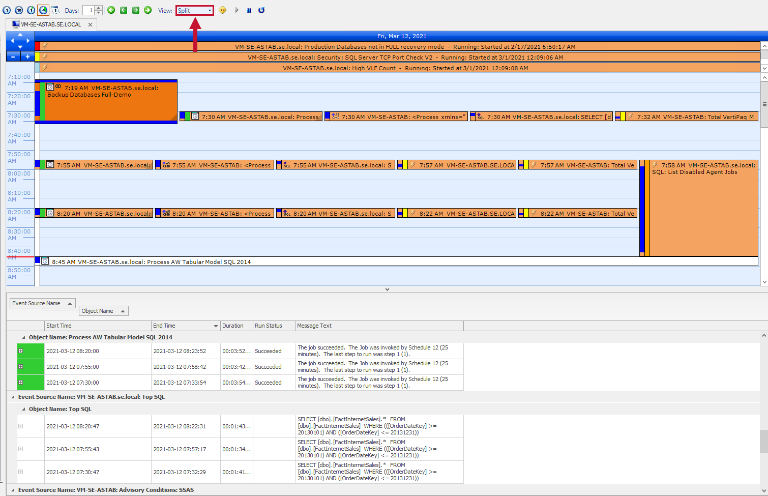 SQL Sentry Split View Version 2021.18 Event calendar in the split view with the default view on top and the list view on the bottom.
