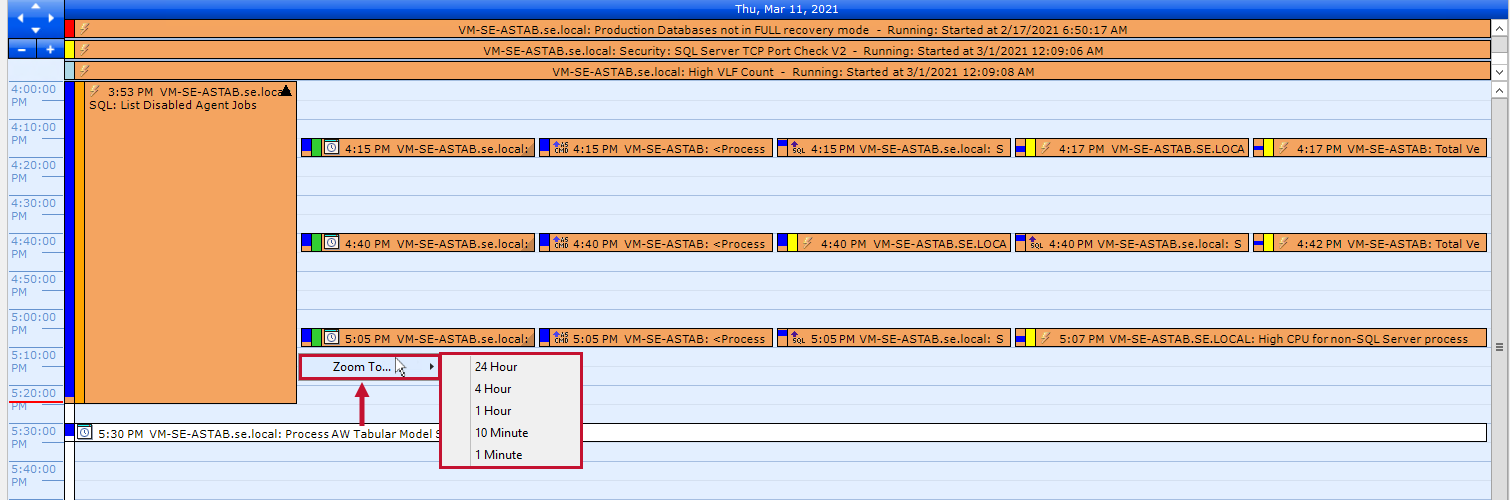 Event Calendar Zoom to context menu options with 24hr, 4hr, 1hr, 10 min, and 1 min selections.