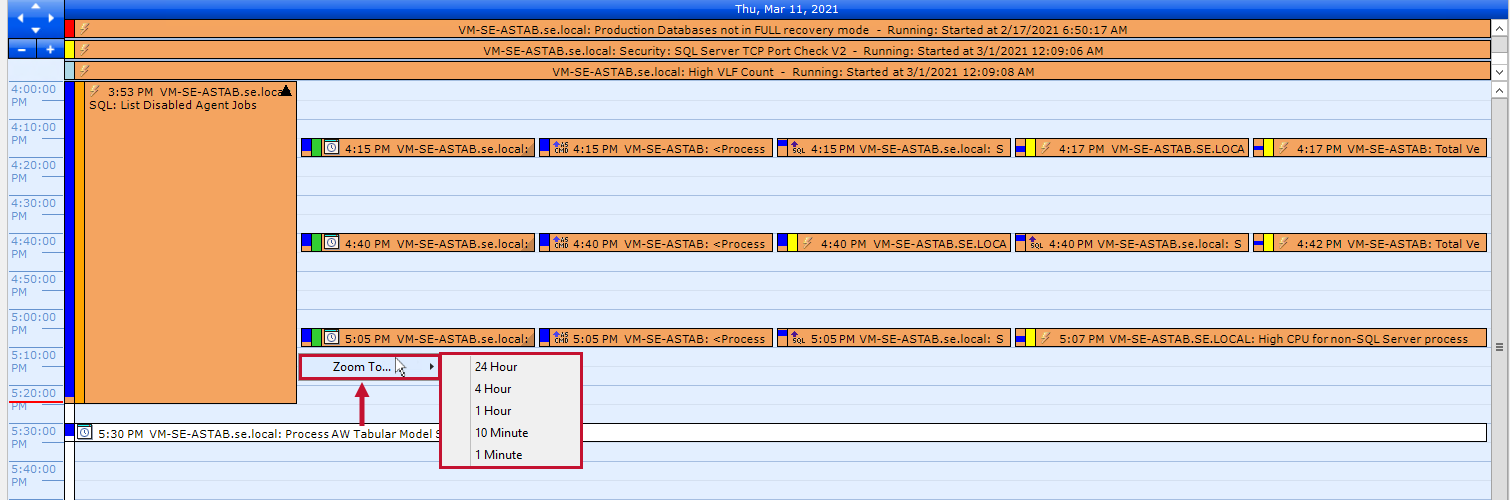 SQL Sentry Zoom In Out Version 2021.18 Event Calendar Zoom to context menu options with 24hr, 4hr, 1hr, 10 min, and 1 min selections.