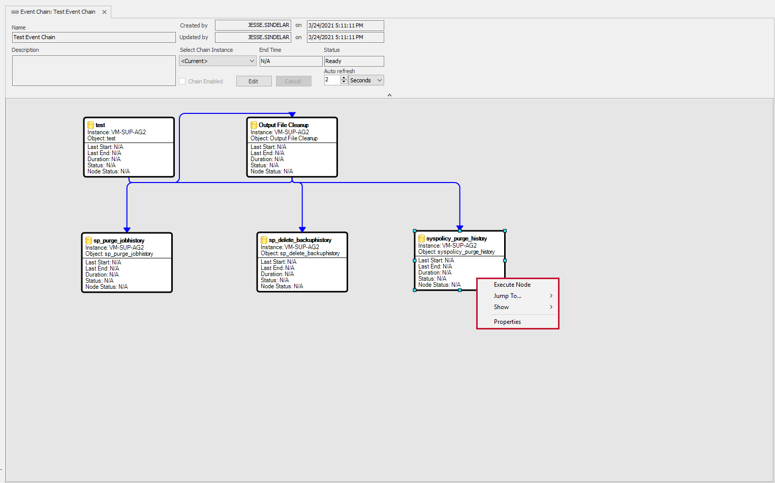 Event Chain tab displaying 5 events with connected workflows, and the node context menu options highlighted.