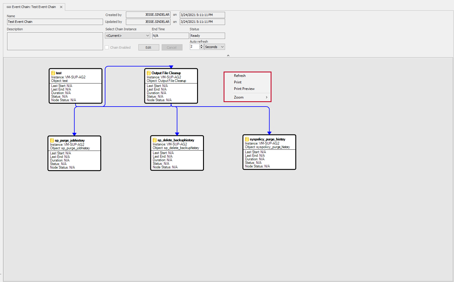 Event Chain tab displaying 5 events with connected workflows, and the workspace context menu options highlighted.