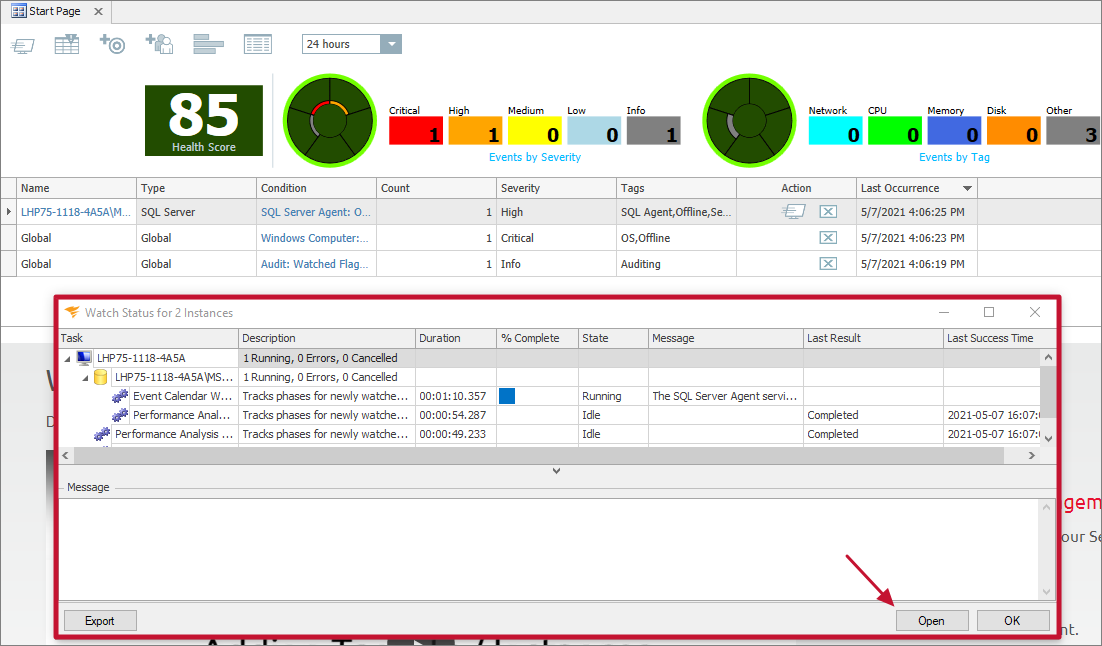 SQL Sentry Watch Status Window Version 2021.8 Watch Status Window