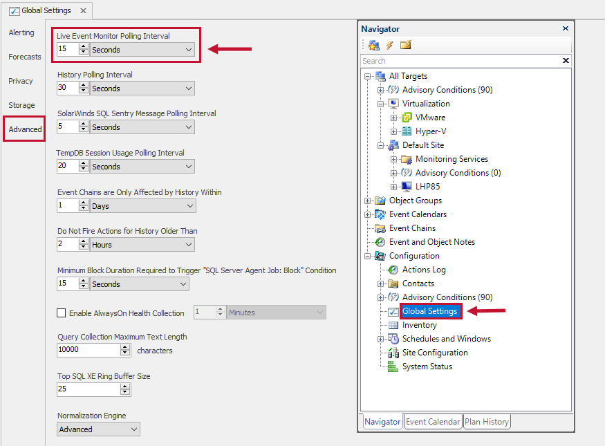 SQL Sentry Monitoring Service Settings Advanced tab Live Event Monitor Polling Interval Version 2021.12 SQL Sentry Monitoring Service Settings Advanced tab Live Event Monitor Polling Interval