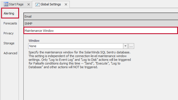 SQL Sentry Monitoring Service Settings Alerting Maintenance Window Version 2021.18 SQL Sentry Monitoring Service Settings Alerting Maintenance Window