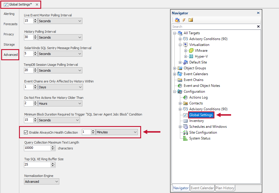 SQL Sentry Monitoring Service Settings Advanced tab Enable AlwaysOn Health Collection setting