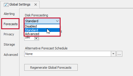 SQL Sentry Monitoring Service Settings Forecasts Disk Forecasting drop down Version 2021.18 SQL Sentry Monitoring Service Settings Forecasts Disk Forecasting drop down