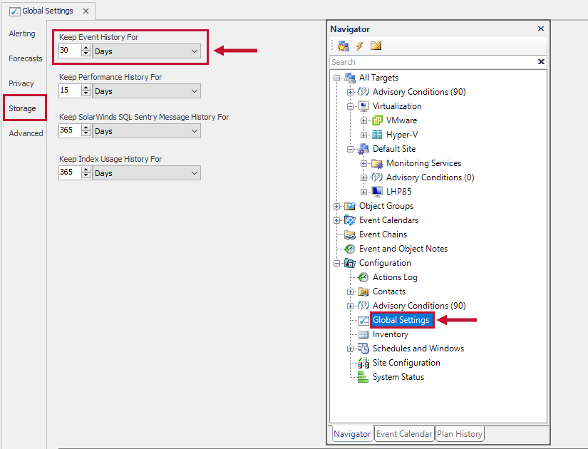 SQL Sentry Monitoring Service Settings Storage tab Keep Event History For setting