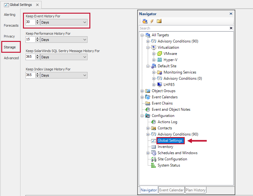 SQL Sentry Monitoring Service Settings Keep Event History For