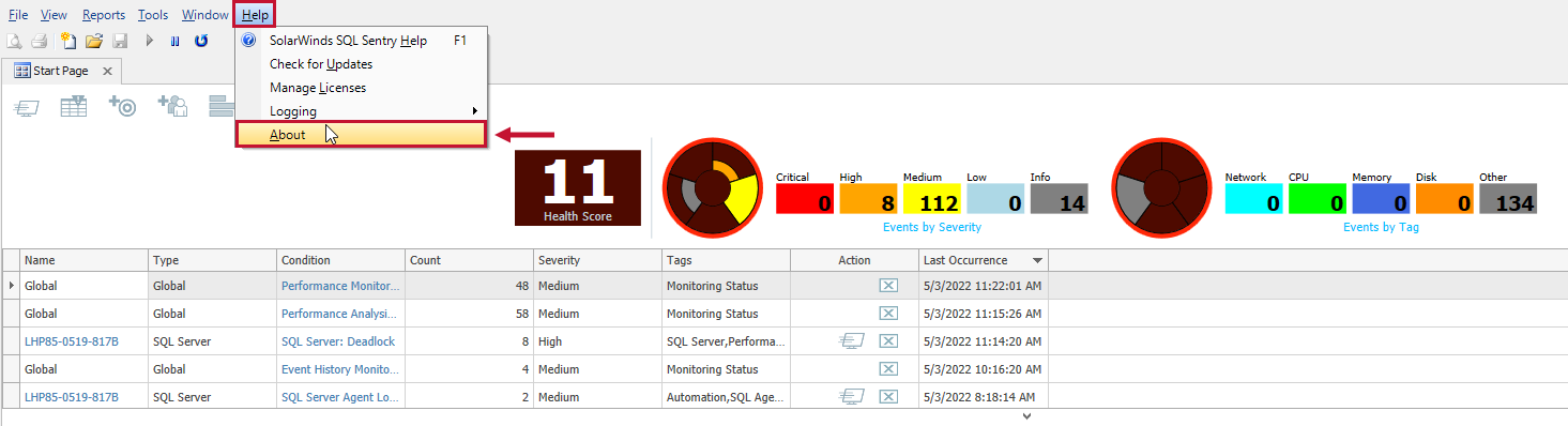 SentryOne Help > About Version 2020.0 SQL Sentry Help > About menu options