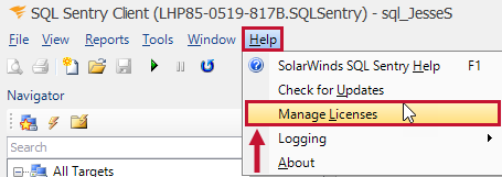 SQL Sentry Client select Help > Manage Licenses,