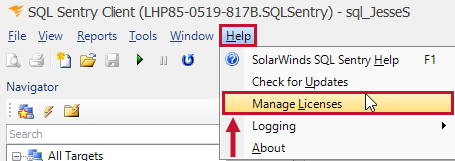 SQL Sentry Client select Help > Manage Licenses Version 2021 SQL Sentry Client select Help > Manage Licenses,