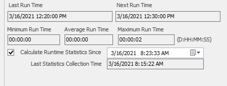 SQL Server Agent Job run time stats, with the Calculate Runtime Statistics Since option checked.