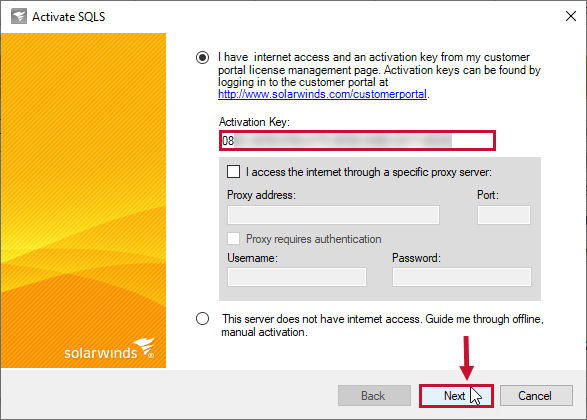 Activate SQLS enter activation key and select Next.