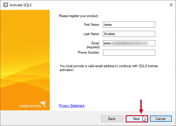 Activate SQLS verify user info and select Next.