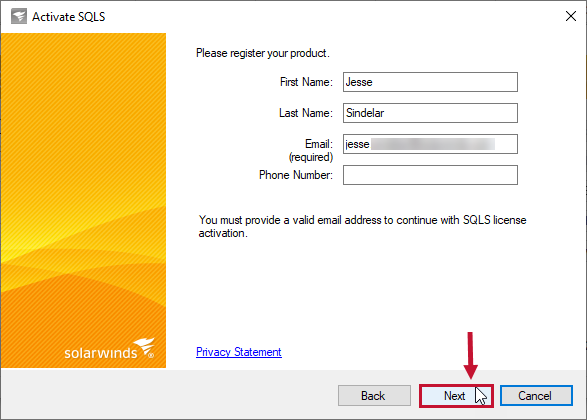 SolarWinds SQL Sentry License Manager verify user info Version 2021 Activate SQLS verify user info and select Next.