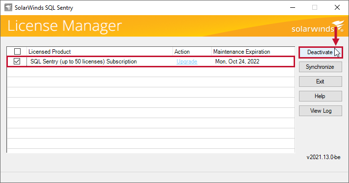 SolarWinds SQL Sentry License Manager Deactivate license Version 2021.12 SolarWinds SQL Sentry License Manager Deactivate license