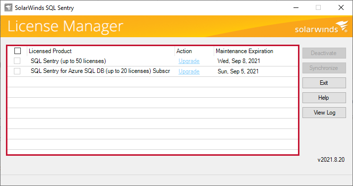 SolarWinds SQL Sentry License Manager multiple licenses Version 2021 License Manager with the added license applied.