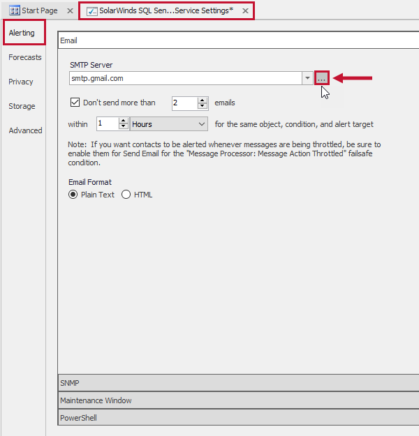 SQL Sentry Monitoring Service Settings Alerting tab Version 2021.12 SQL Sentry Monitoring Service Settings Alerting tab