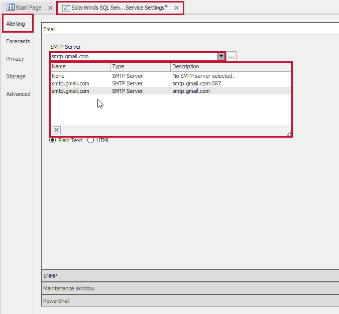 SQL Sentry Monitoring Service Settings Alerting tab