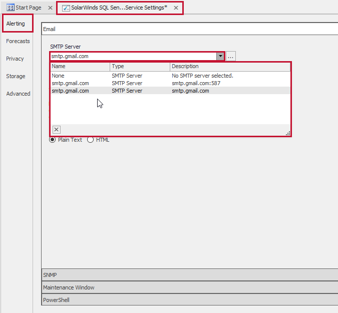 SQL Sentry Monitoring Service Settings Alerting tab Version 2021.12 SQL Sentry Monitoring Service Settings Alerting tab