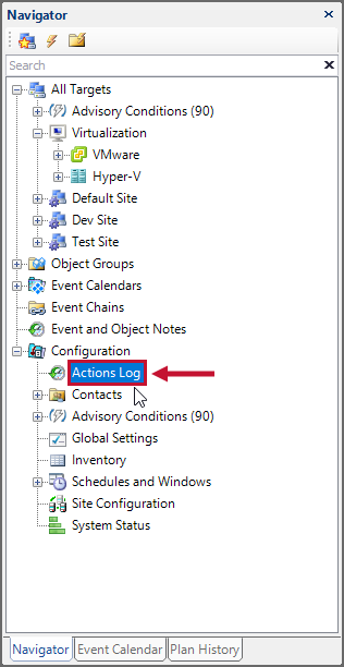 SQL Sentry select the Actions Log in the Navigator Version 2021.18 Select the Actions Log in the Navigator