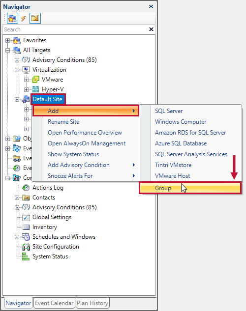 SQL Sentry Navigator Pane Add Target Group Version 2021.12 Navigator Pane Add Target Group