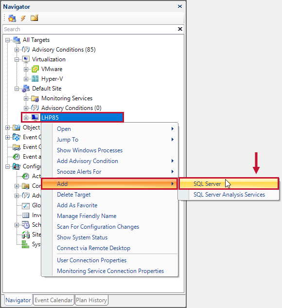 SQL Sentry Navigator Pane Add SQL Server Instance Version 2021.12 Navigator Pane Add SQL Server Instance