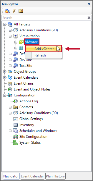 SQL Sentry Navigator Pane VMware Add vCenter Version 2021.18 Navigator Pane VMware Add vCenter