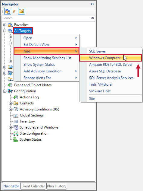 SQL Sentry Navigator Pane Add Windows Computer example Version 2021.12 Navigator Pane Add Windows Computer example
